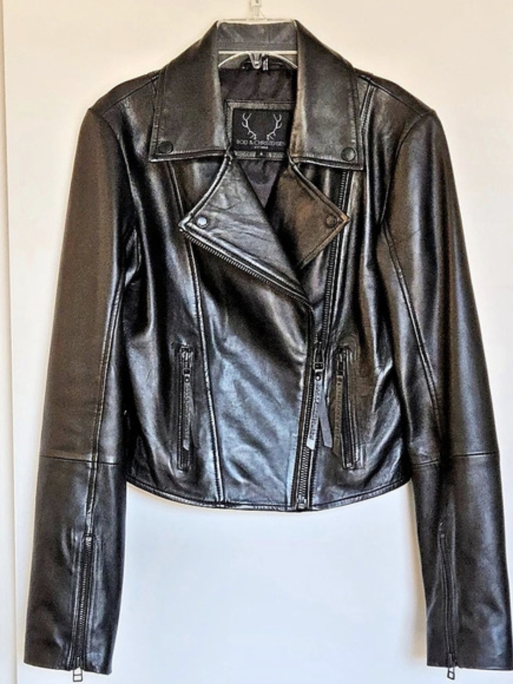 BOD & CHRISTENSEN Black Leather Moto Jacket Size Small